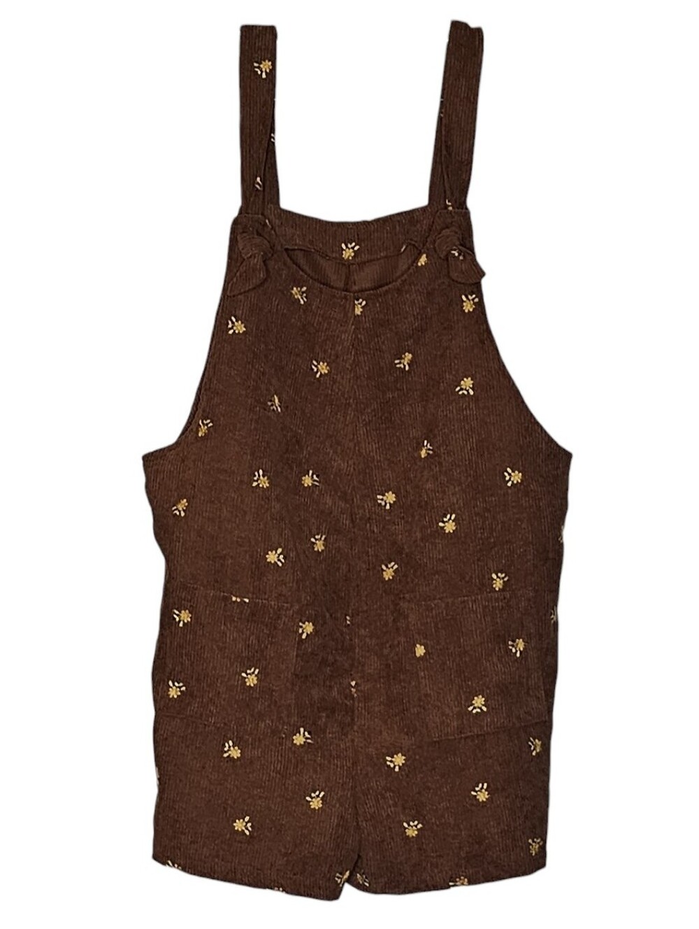 Brown Corduroy Shortalls w Yellow Embroidered Flowers Big Patch Pockets size XL